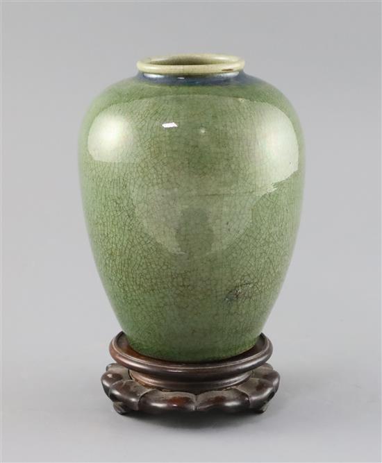 A Chinese green Jun-type vase, 19th century, H. 17cm, wood stand